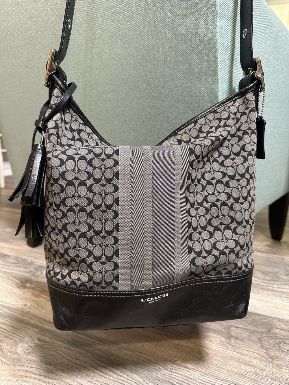 Coach Black and Gray Jacquard Legacy Duffle Shoulder Bag
